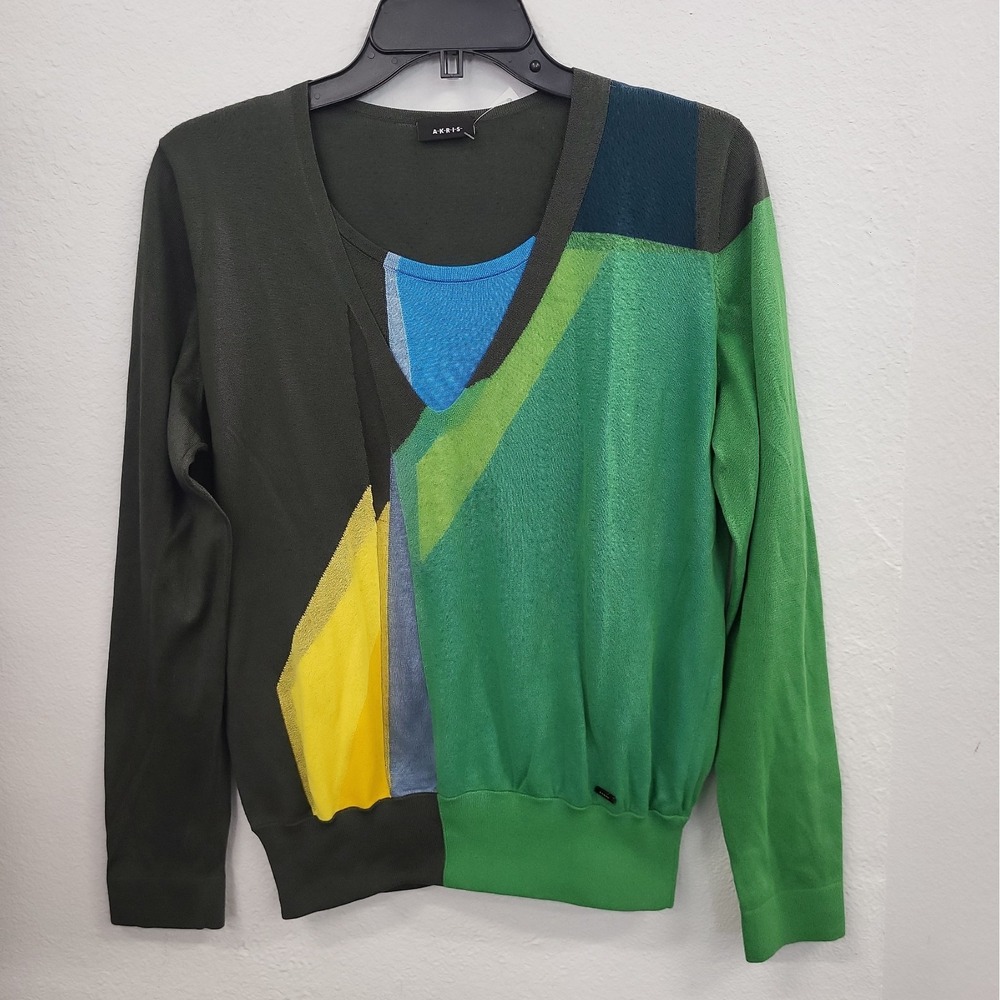 Akris Green Geometic Pattern Long Sleeve Knit Multicolor Top size 8